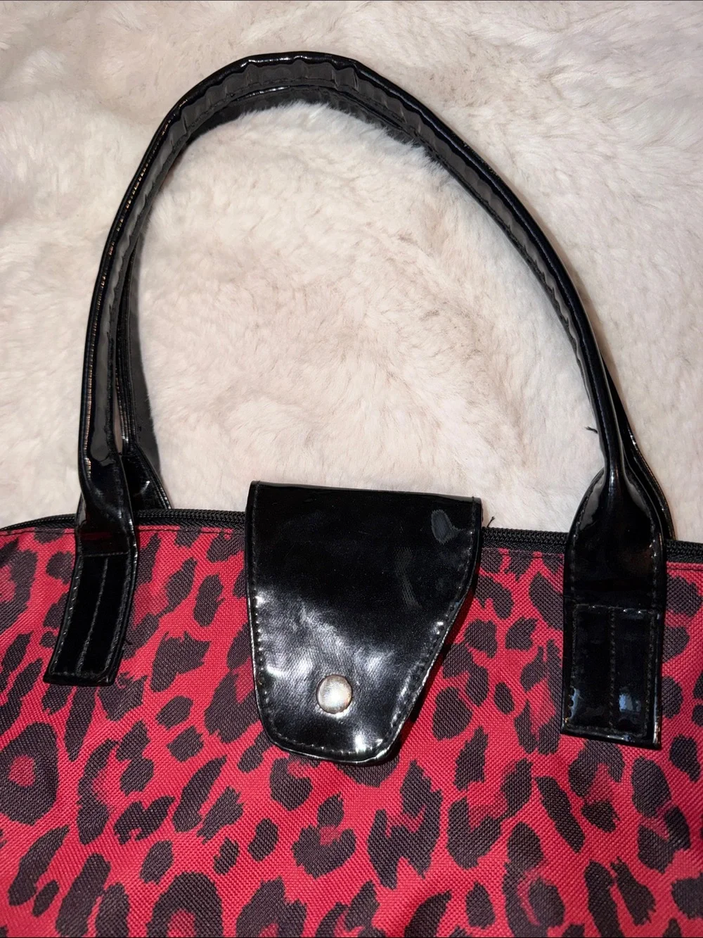 Red Leopard Print Tote Bag with Black Trim